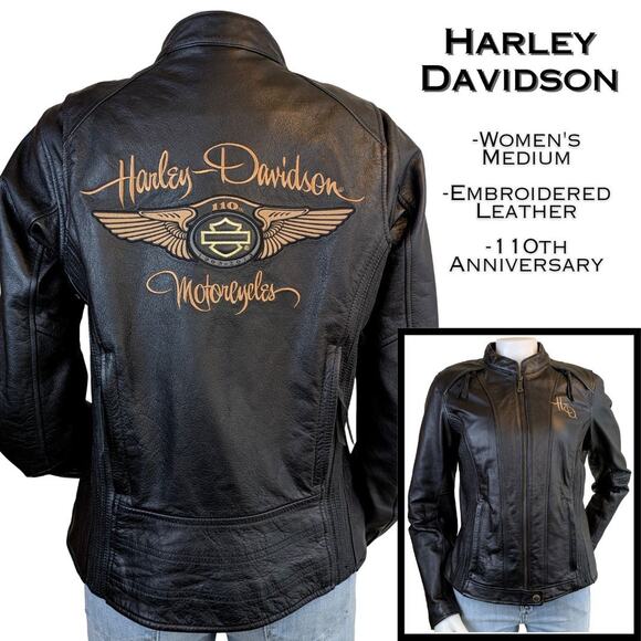 Harley Davidson Womens 110th Anniversary Black Leather Jacket Medium Embroidered - Picture 1 of 16